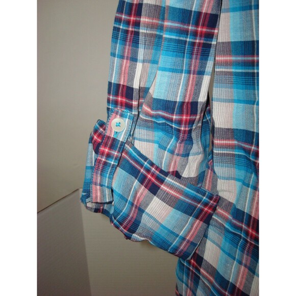 New Womens NWT M Blue White Red Pink PrAna Top Plaid Organic Casual Gina Roll - Picture 5 of 9